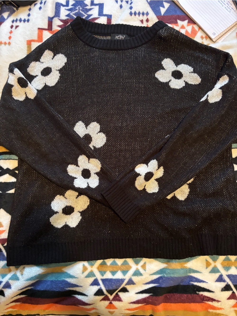 Black Crewneck Sweater with Cream Floral Motif — Women’s